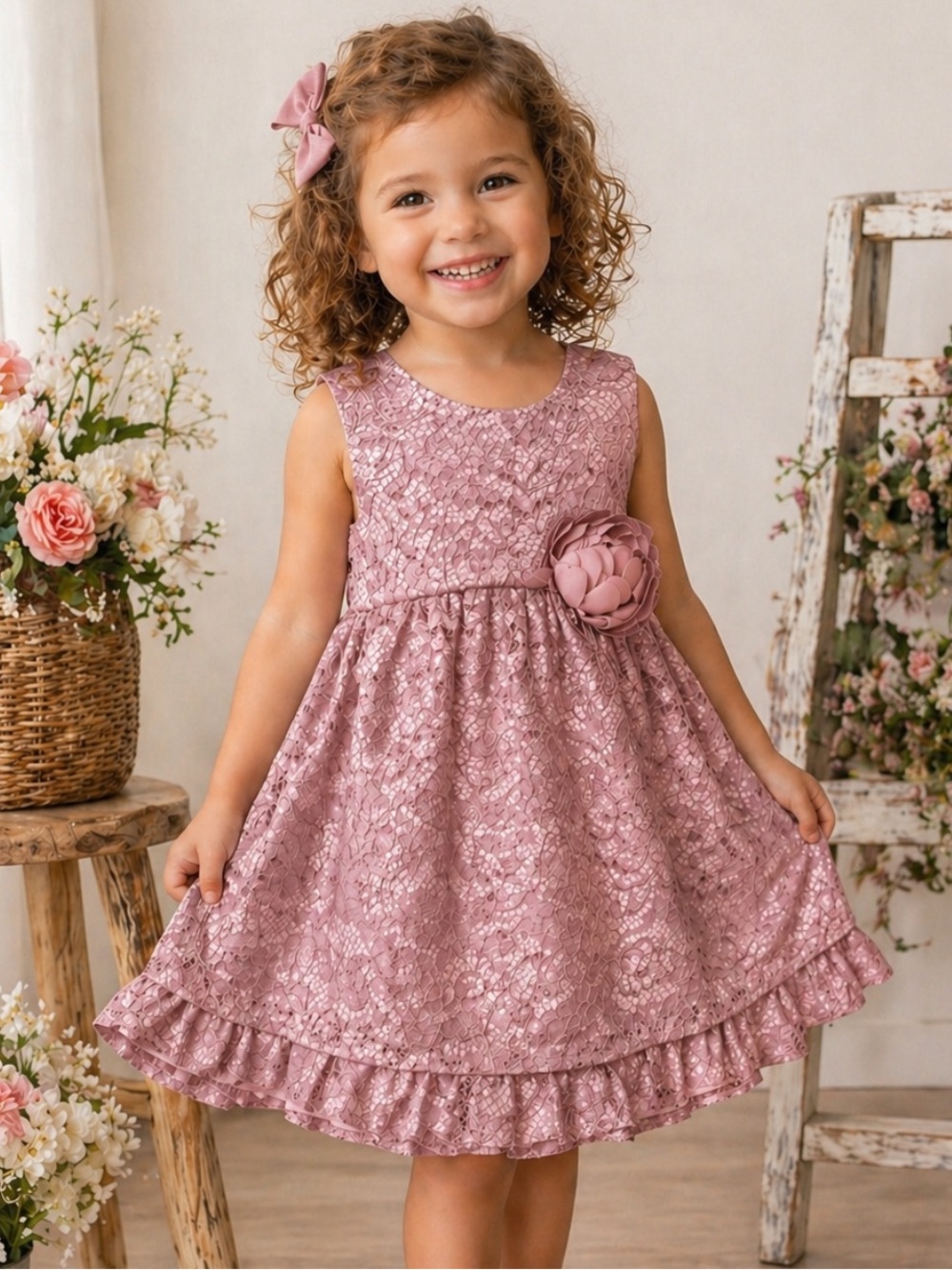 Pippa & Julie Dusty Rose Lace Flower Sash Formal Dress